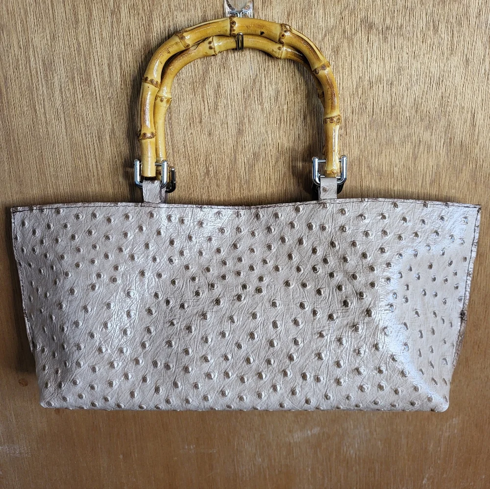 Maya Moon Handcrafted One-of-a-Kind Ostrich Handbag With Bamboo Handles. - Picture 1 of 16